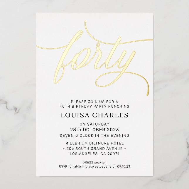 Invitation En Aluminium ELEGANT SCRIPT 40e anniversaire fête élégante or (Recto)