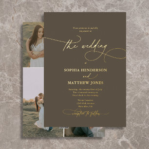 Invitation En Aluminium Élégant Script 4 Photo Mariage Marron