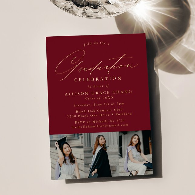 Invitation En Aluminium Élégant Script Bourgogne 3 Photo Graduation Party (Créateur téléchargé)