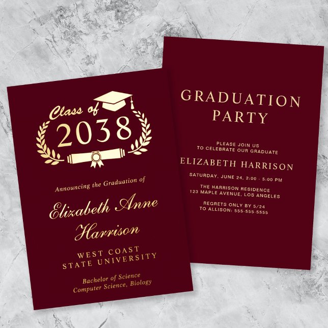 Invitation En Aluminium Élégant Script Burgundy College Graduation Party (An elegant foil graduation party invitation to celebrate the graduate's achievements)