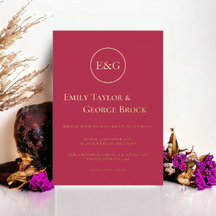 Invitation En Aluminium Élégant Script Doré Monogramme Magenta Mariage Chi