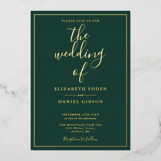 Invitation En Aluminium Élégant Script Emerald Green Mariage Gold (Recto)