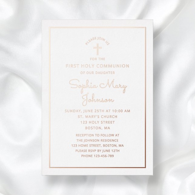 Invitation En Aluminium Élégant Script First Communion Rose Gold (Elegant Script First Communion Rose Gold Foil Invitation)