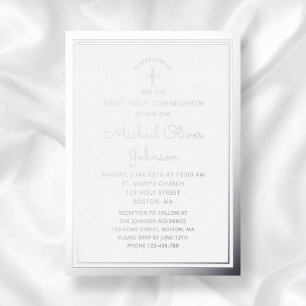 Invitation En Aluminium Élégant Script Garçon Première Communion Argent
