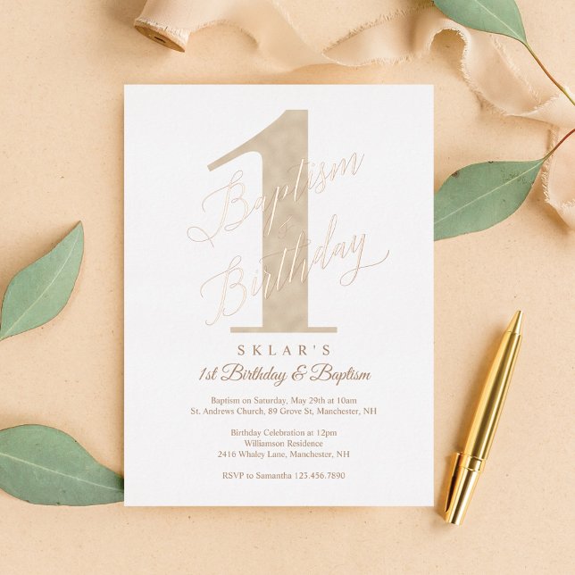 Invitation En Aluminium Élégant Script Gold Baby's 1st Birthday & Baptism (Elegant Script Gold Baby's 1st Birthday & Baptism Foil Invitation)