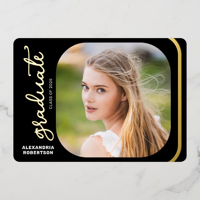 Invitation En Aluminium Élégant Script Gold Foil 2 Photo Graduation Party (Recto)