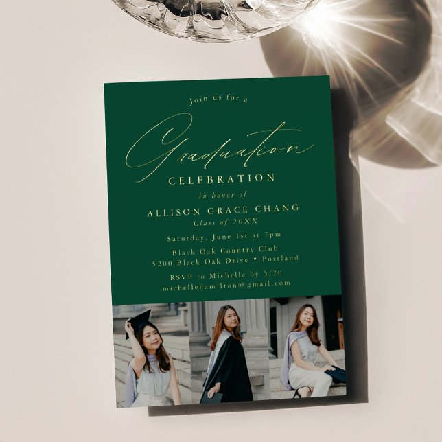 Invitation En Aluminium Élégant Script Green 3 Photo Graduation Party (Créateur téléchargé)