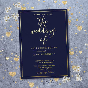 Invitation En Aluminium Élégant Script Marine Blue Mariage Gold Foil