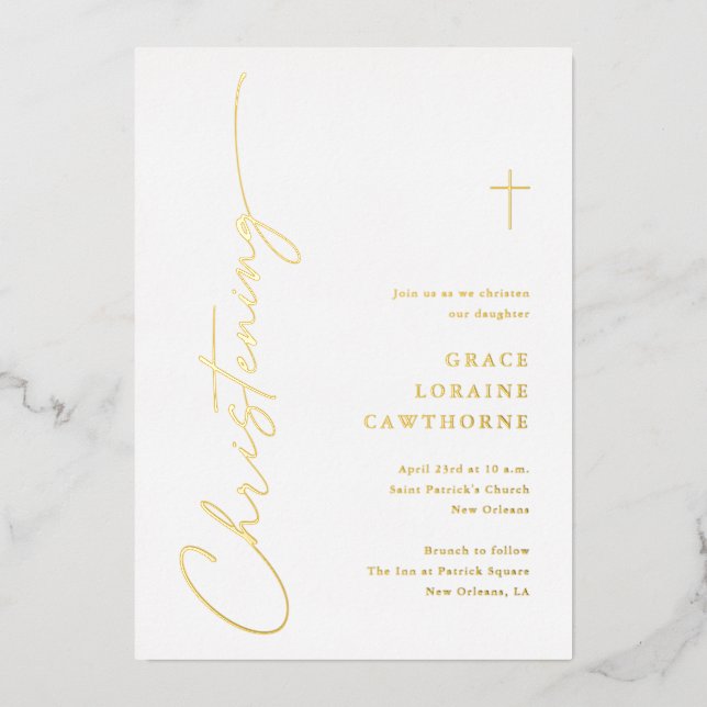 Invitation En Aluminium Élégant script moderne Christening Gold (Recto)