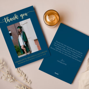 Invitation En Aluminium Élégant Script Navy Blue Gold Photo Graduation