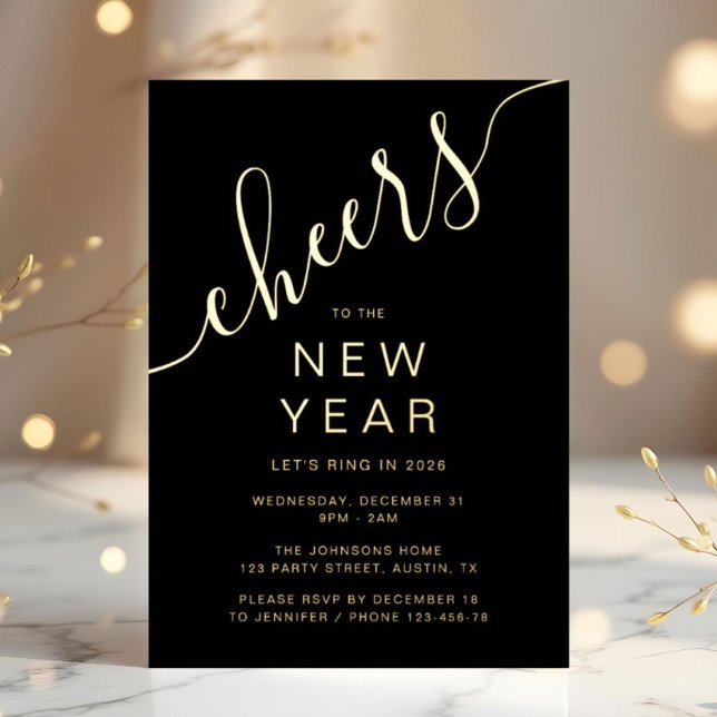 Invitation En Aluminium Elegant Script New Year Party Gold (Elegant Script New Year Party Gold Foil Invitation)