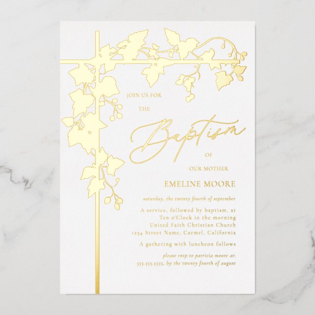 Invitation En Aluminium Élégant script or Baptême (Recto)