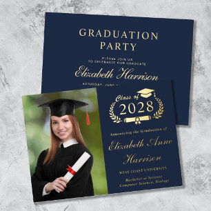 Invitation En Aluminium Elegant Script Photo Blue College Graduation Party