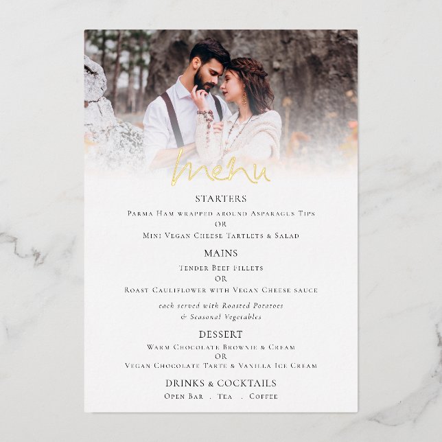 Invitation En Aluminium Élégant Script Photo Mariage Real Foil Menu Card (Devant)