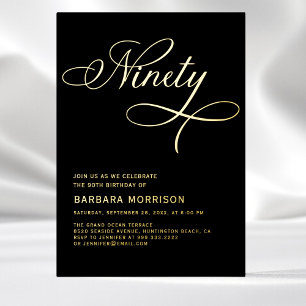 Invitation En Aluminium Élégant Script Quatre-Vingt-Dix Noir Or 90e Annive