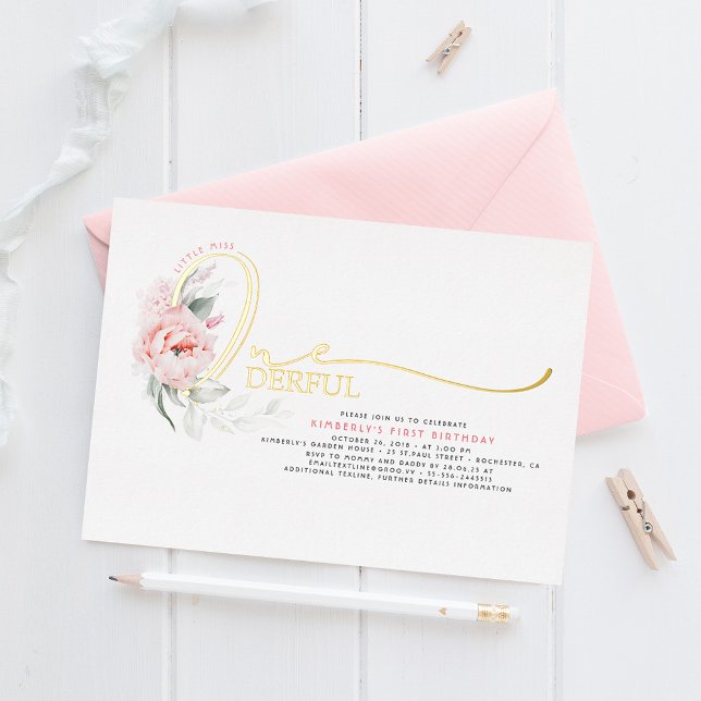Invitation En Aluminium Élégant Script rose Floral 1ère Baby Girls Anniver (Créateur téléchargé)