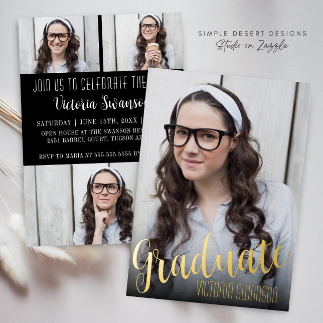 Invitation En Aluminium Élégant Script Simple Branché 4 Photo Graduation (Modern Script Graduation Party Invitation with Gold Foil and Trendy Typography)