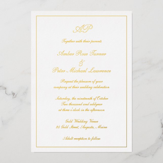 Invitation En Aluminium Élégant Script Simple Formal Monogramme Mariage Or (Recto)