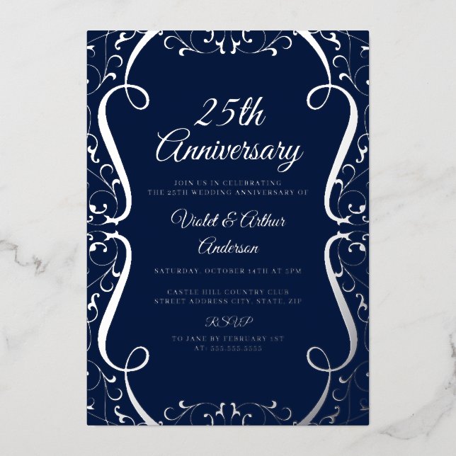 Invitation En Aluminium Élégant Silver Navy Swirl 25e anniversaire Mariage (Recto)