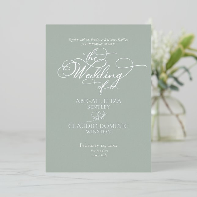 Invitation En Aluminium Elegant Silver Script on Sage Italy Destination (Debout devant)