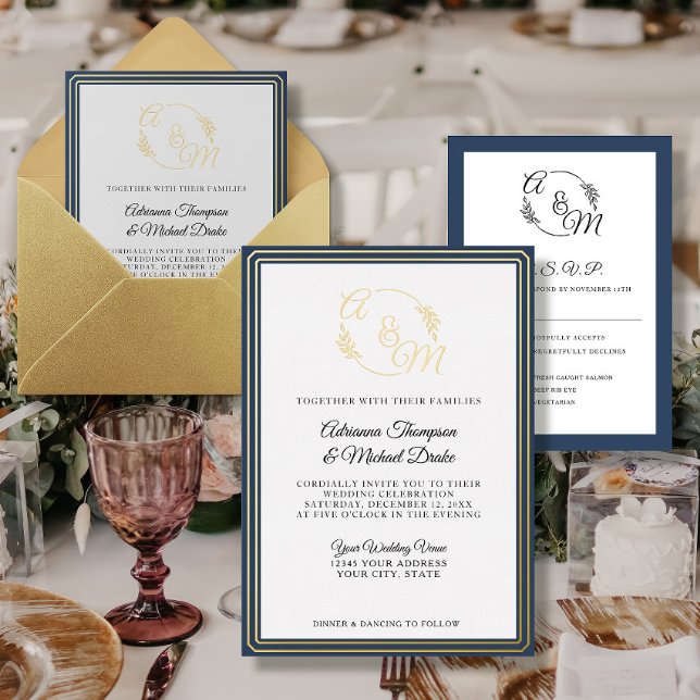 Invitation En Aluminium Elégant simple moderne or Foil Mariage bleu marine (Créateur téléchargé)