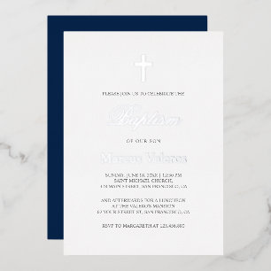 Invitation En Aluminium Élégant Simple Navy Bleu argent Croix Baptême  