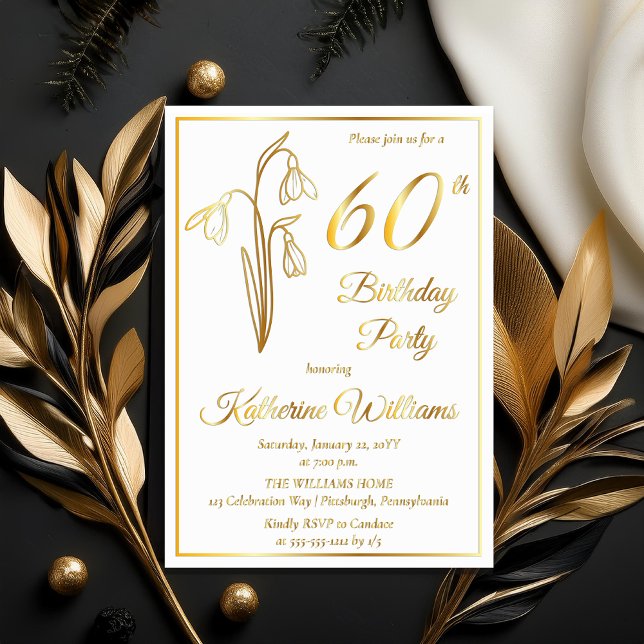 Invitation En Aluminium Élégant Snowdrops 60e fête d'anniversaire étampé (Elegant January Birth Month Snowdrops Floral "60th Birthday Party" Stamped Gold Foil Invitations)