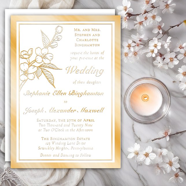 Invitation En Aluminium Elegant Spring Blossoms Gold White Formal Wedding (Elegant Line Art Spring Blossoms Floral Formal Wedding Gold Foil on White Invitations)