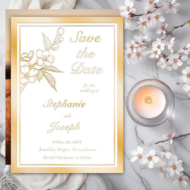 Invitation En Aluminium Elegant Spring Blossoms Photo White Save the Date (Elegant Line Art Spring Blossoms Floral | Back Photo Wedding Gold Foil on White Save the Dates)