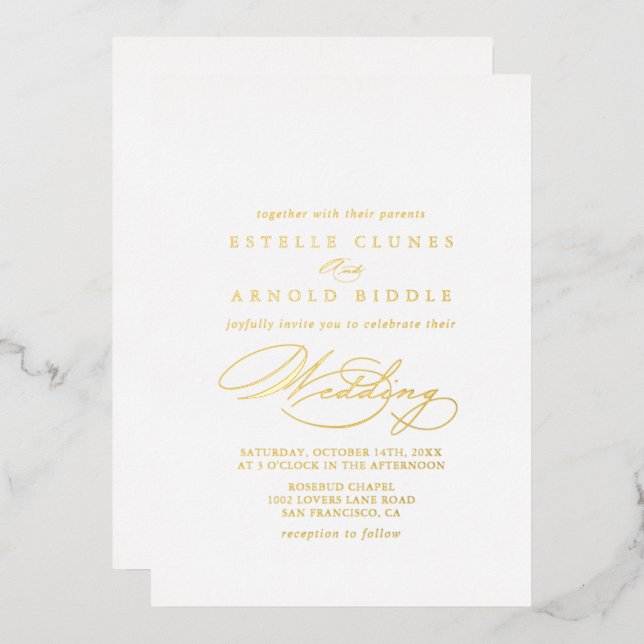 Invitation En Aluminium Élégant Stylish Calligraphie Mariage Or (Recto/Verso)