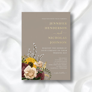 Invitation En Aluminium Elégant Taupe Floral Mariage Gold