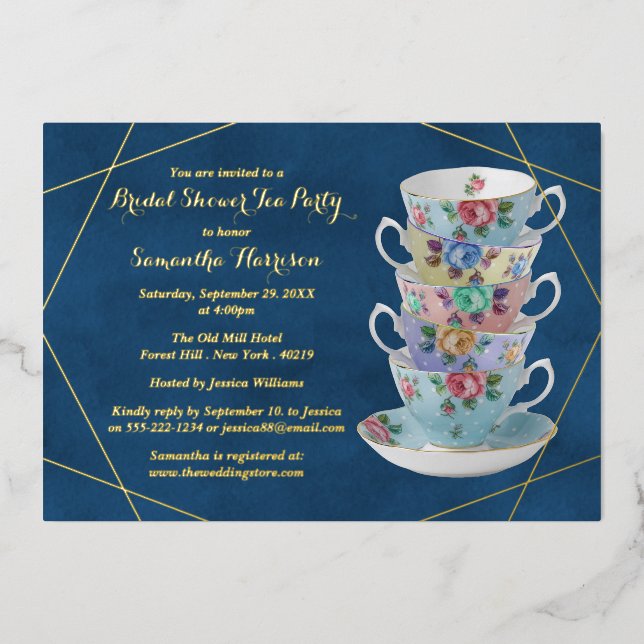 Invitation En Aluminium Elégant Teacups Fête des mariées Tea Party Real (Recto)