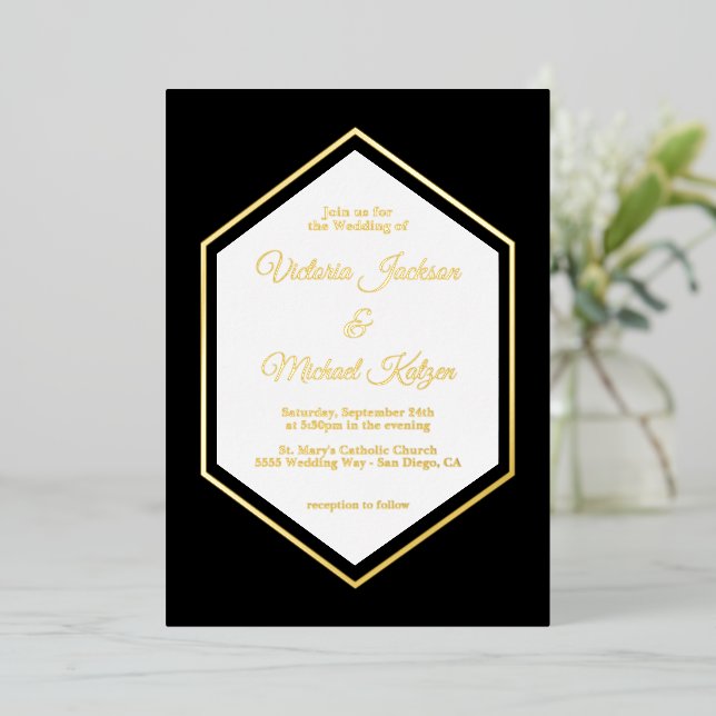 Invitation En Aluminium Élégant traditionnel Black & Gold Foil Mariage Foi (Debout devant)