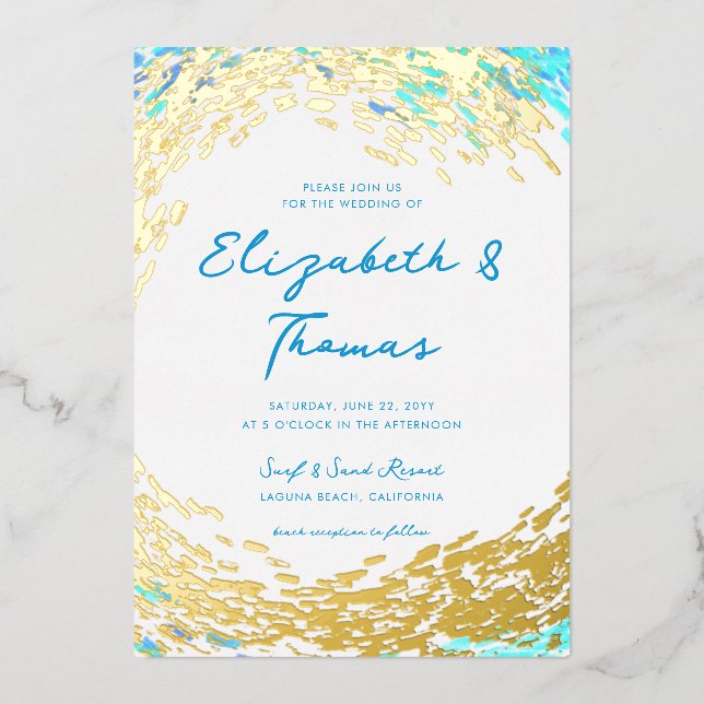 Invitation En Aluminium Elégant Tropical Gold Surfer Wave Beach Mariage (Recto)