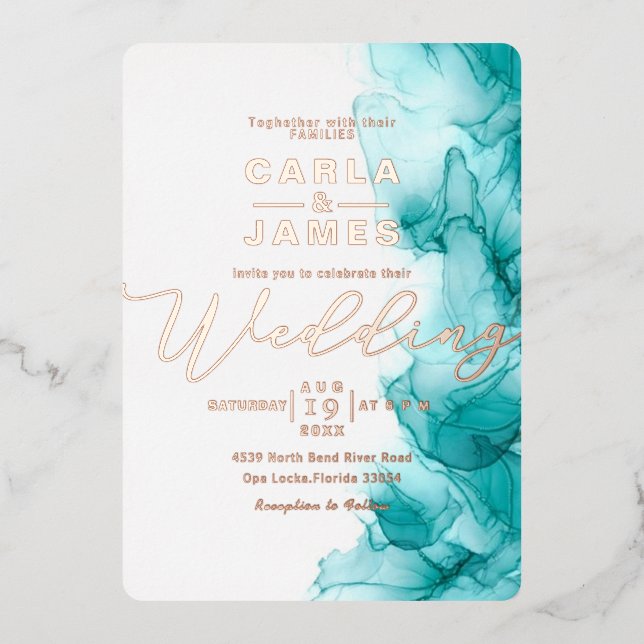 Invitation En Aluminium élégant Turquoise Blue Alcool mariage or d'encre F (Recto)