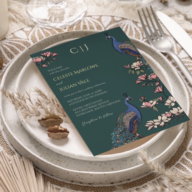 Invitation En Aluminium Elégant Turquoise Peacock Mariage or (Real Gold Foil Elegant Peacock on Magnolia Tree. Hand-Drawn Modern Chinoiserie Style in Teal Green)