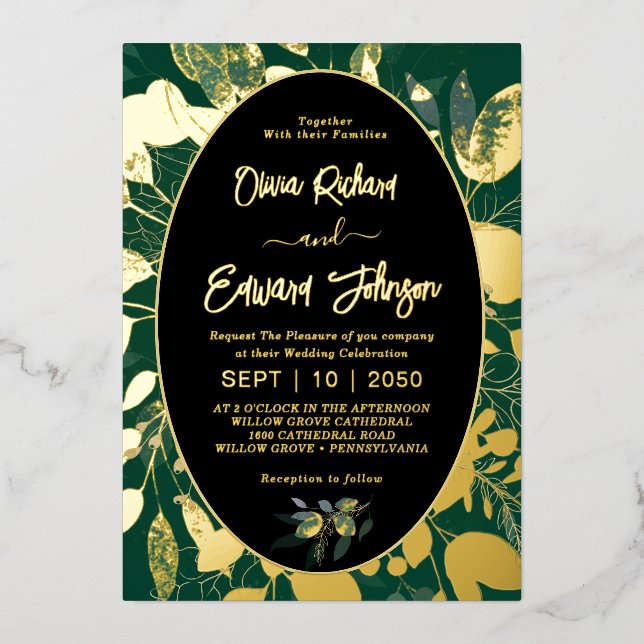 Invitation En Aluminium Elégant Verdure Or feuilles de cadre géométrique (Recto)