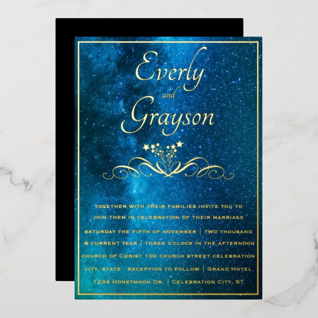 Invitation En Aluminium Elégant Veri Moody nuances d'or Mariage bleu (Recto/Verso)