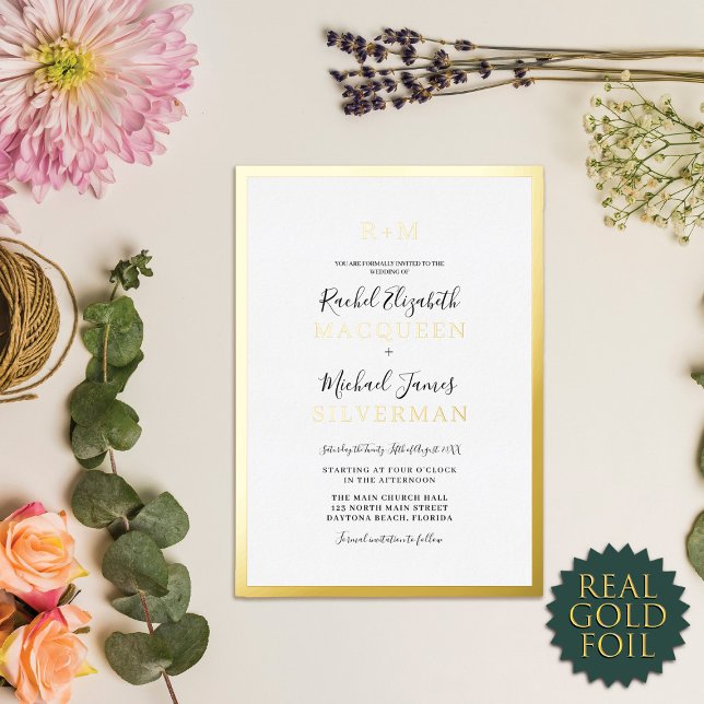 Invitation En Aluminium Elégant Véritable Gold épais Bordure Mariage blanc (Créateur téléchargé)