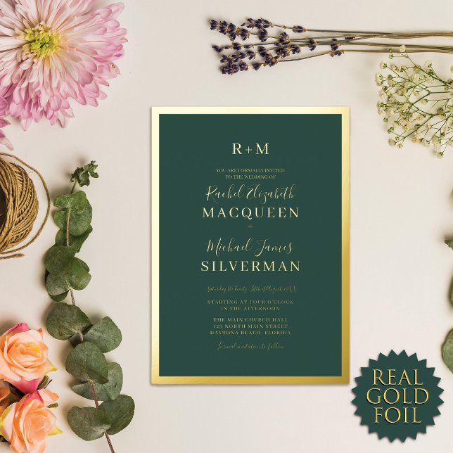 Invitation En Aluminium Élégant véritable or épais bordure Mariage vert (Créateur téléchargé)