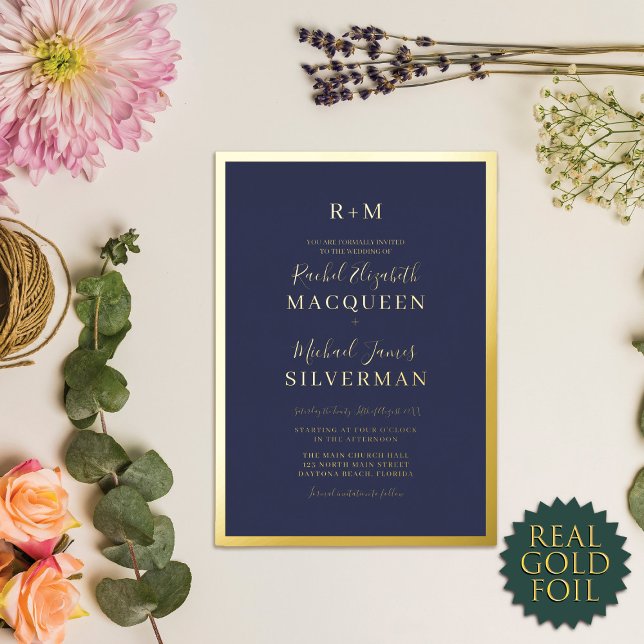 Invitation En Aluminium Elégant véritable or épais frontière Mariage bleu  (Créateur téléchargé)