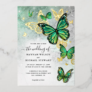Invitation En Aluminium Élégant Vert Émeraude Or Papillon Mariage Réel