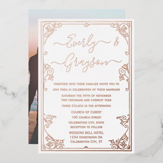 Invitation En Aluminium Elégant Victorian Votre Rose Photo Gold (Recto/Verso)