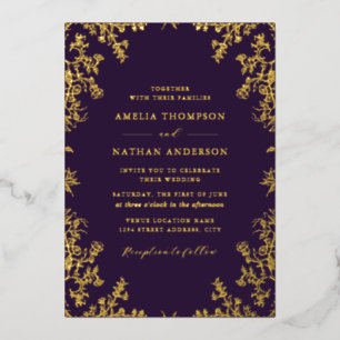 Invitation En Aluminium Élégant Vintage Gold Purple Mariage