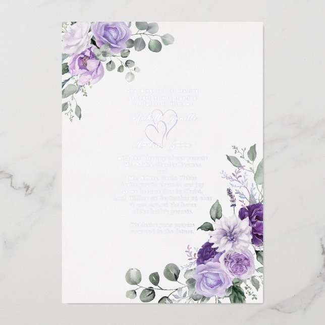 Invitation En Aluminium Élégant violet Mariage Floral Argent (Recto)