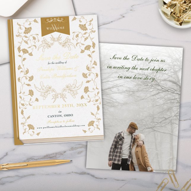 Invitation En Aluminium Elégant White Gold Library Mariage Enregistrer la  (Elegant White and Gold Foil Wedding Save the Date Invitation Cards for Library Theme Wedding)