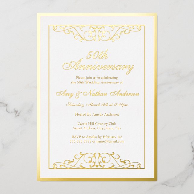 Invitation En Aluminium Élégant White Gold Swirl 50e anniversaire Mariage (Recto)