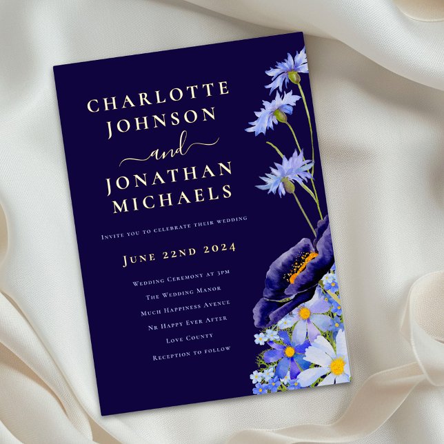 Invitation En Aluminium Elegant Wildflower Floral Wedding Blue and Gold (Elegant watercolor wildflower blue floral gold foil wedding invitation )