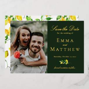 Invitation En Aluminium Elégante aquarelle citron photo vert foncé