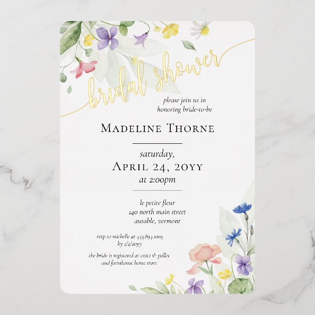 Invitation En Aluminium Elégante aquarelle Fleur sauvage Fête des mariées  (Recto)